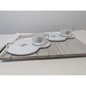 Vintage Kutani Set 2 Snack Plates with Cups White & Silver Gray Bursts Japan